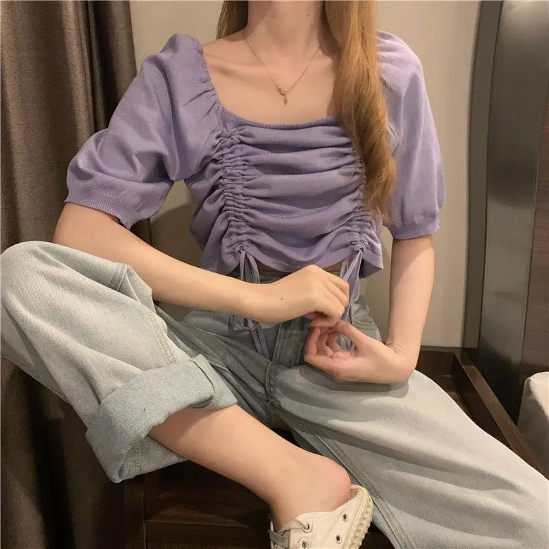 Summer New Drawstring Pleated Short Tops Short Sleeve Solid Color Loose All-match Sexy T Shirts Sweet Fashion Women Clothing