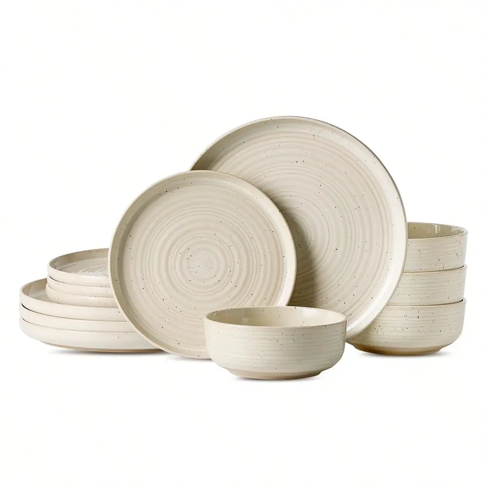

12Piece Stoneware Dinnerware Set, Plate And Bowl Sets For 4, Dishware Set With Speckles Reactive Glaze