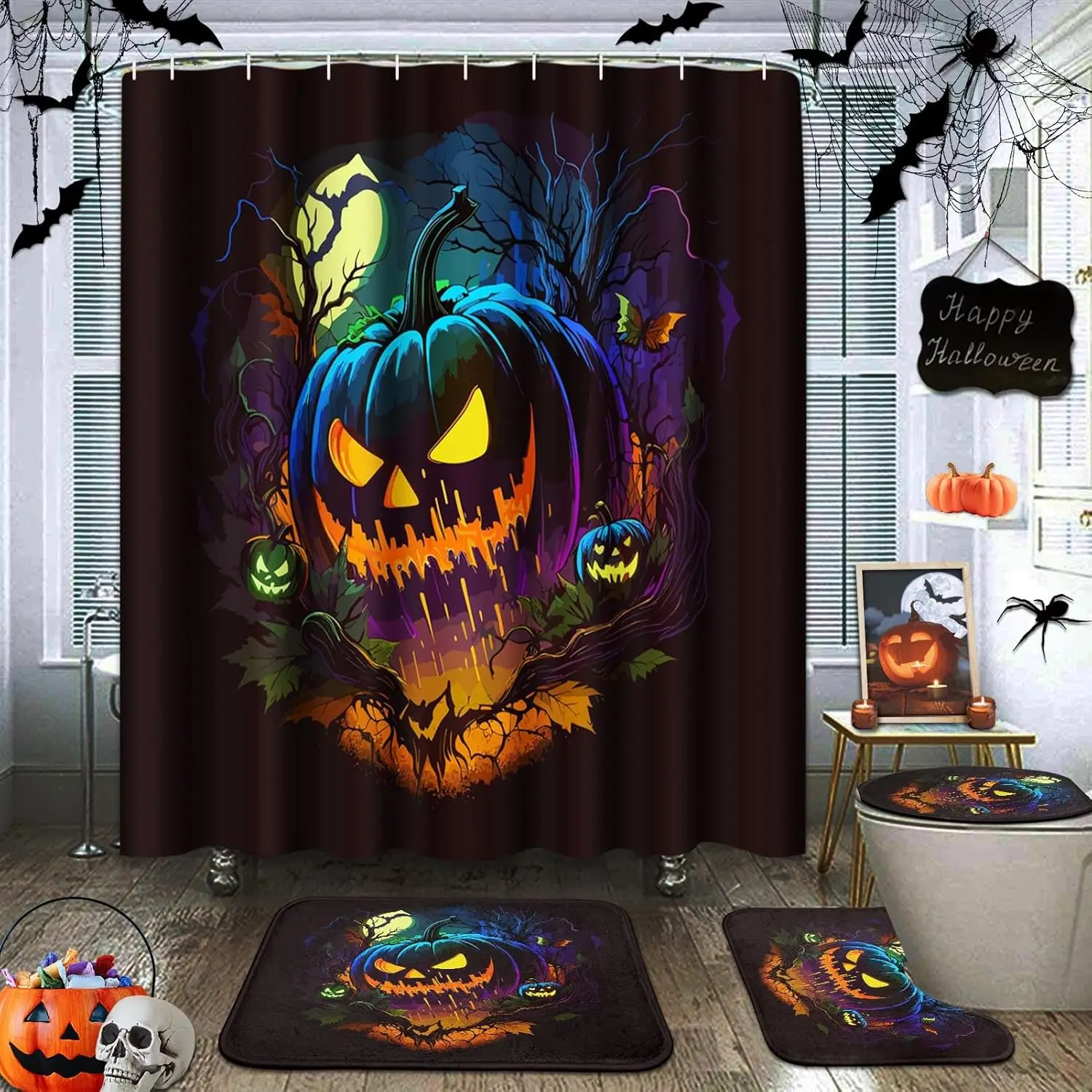 Halloween Shower Curtain Sets with Rugs Black Pumpkin Bathroom Set with Non-Slip Rug, Toilet Lid Cover, Bath Mat and 12 Hooks