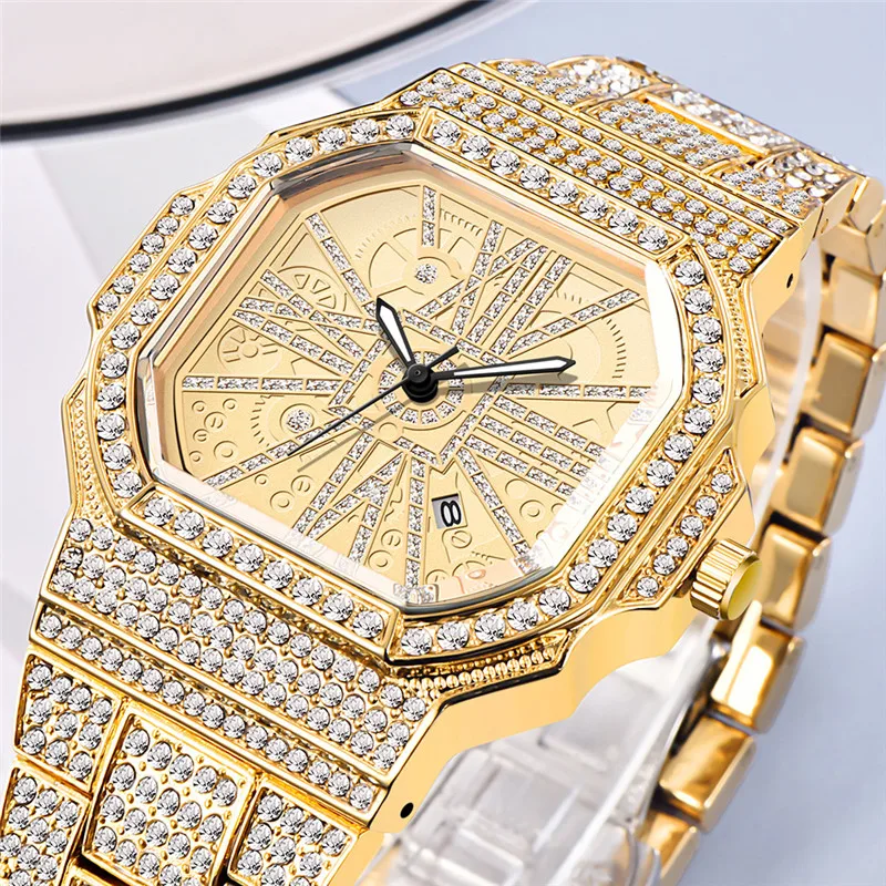 Golden Big Brand Watch For Men Fashion Alloy Band Hip Hop Diamond Calendar Quartz Designer Watches Relogio Masculino Ouro 2024