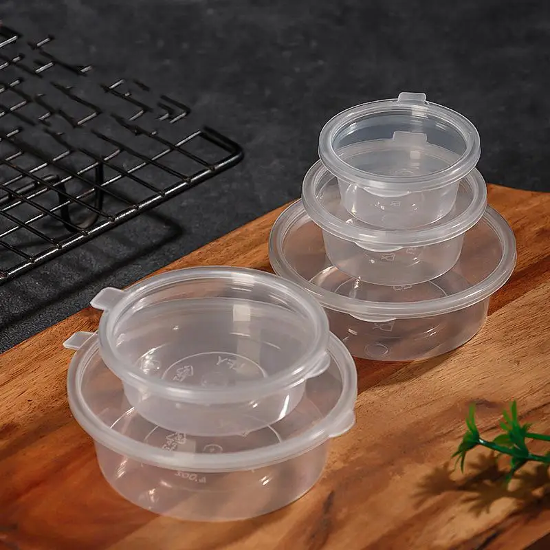 50pcs 13/25/35/50/75/100/125ml Disposable Plastic Clear Takeaway Sauce Cup Containers Food Box With Hinged Lids Box Reusable