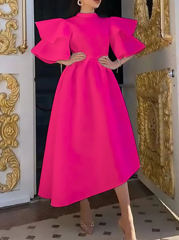 Verão feminino africano nova moda dupla camada plissado mangas cor sólida grande exibição vestido europeu e americano