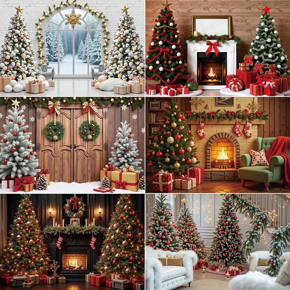 MOON.QG 2025 Christmas Photography Background Arch Window Fireplace Wooden Door Photocall Backdrop Child Studio Photobooth Props