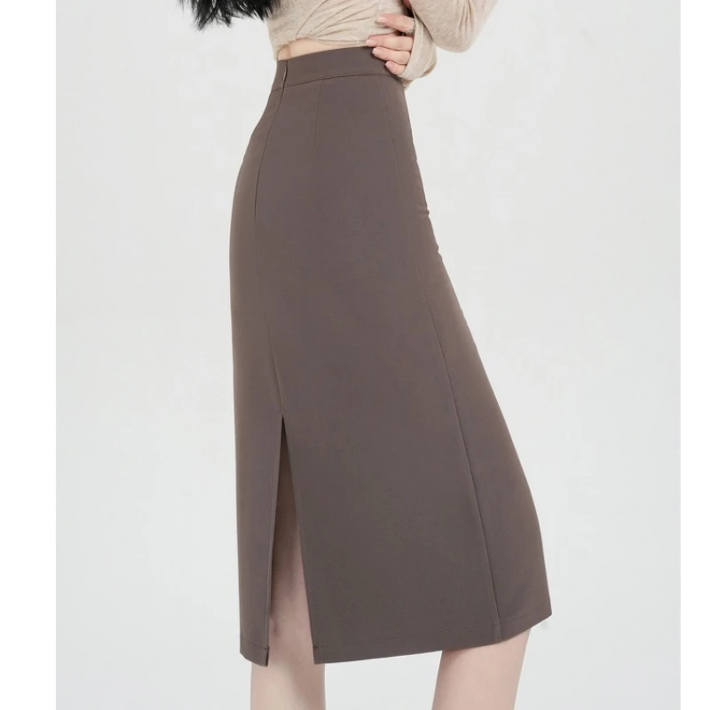 Eleganckie spódnice midi damskie z wysokim stanem, kopertowe, na wiosnę i jesień, nowe, jednolite, z rozcięciem z tyłu, zapinane na zamek, biurowe, ołówkowe, w kształcie litery A, 2025.