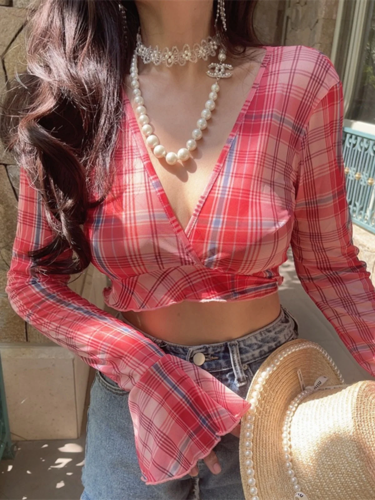 

Slim Fit V-Neck Shirt Sexy Belted Waist Bell Sleeve Holiday Checkered Top Women's Fashion Polyester Fiber Long Sleeve