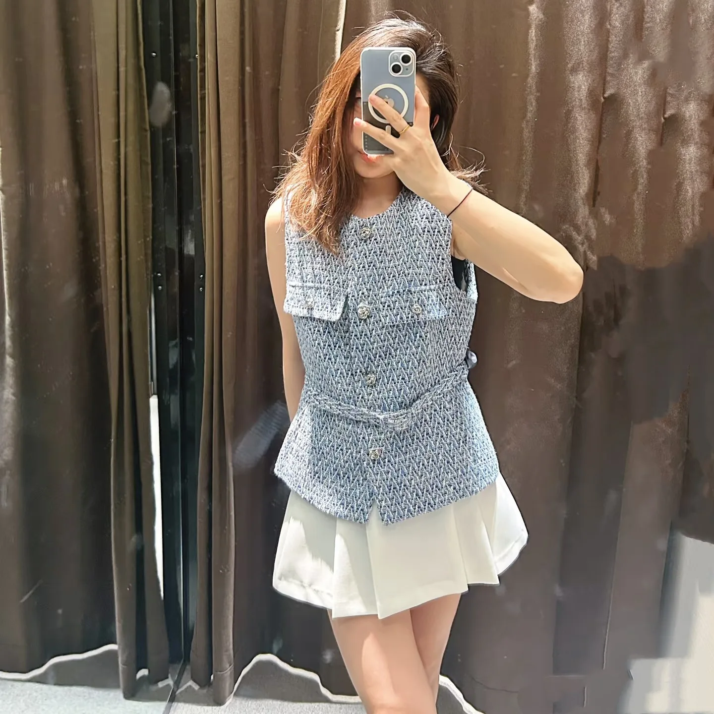 

Metal Bule Decorated Belted Thiened Texture Vest Jaet Small Fraance Sle Chinese Brand Women's Faion Spring 2025