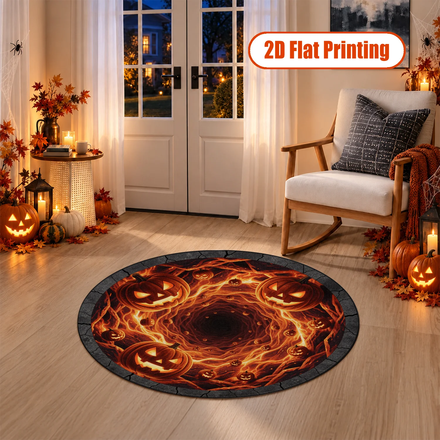 Glowing Halloween Jack O Lanterns Fiery Vortex Round Rug Velvet Machine Washable for Living Room Bedroom Entryway Halloween Thanksgiving Black Friday Christmas New Year