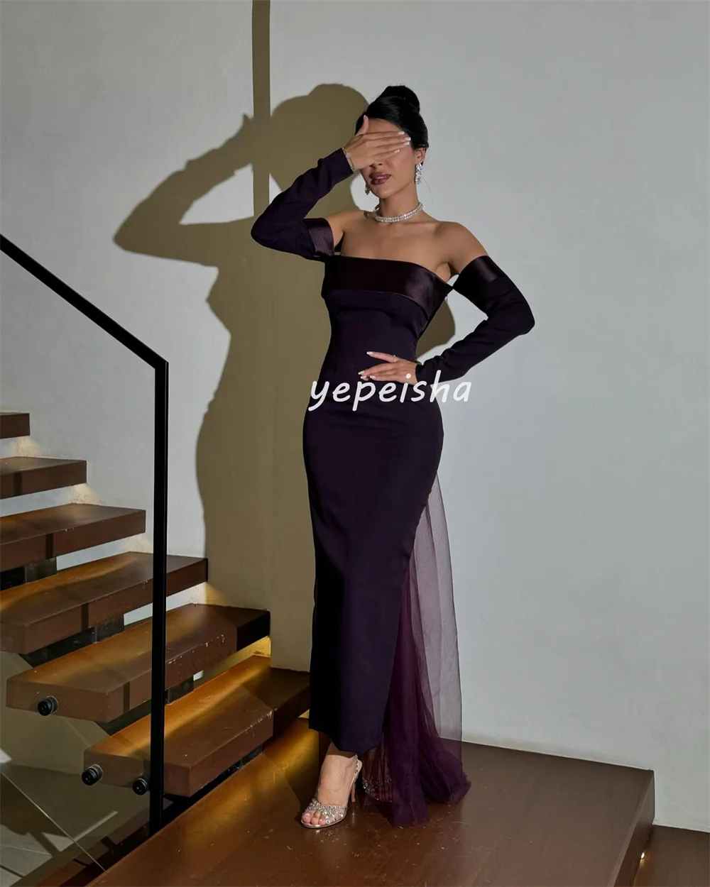 Customized Exquisite Elegant Jersey Pleat Draped Sheath Off-the-shoulder Midi Dresses Bespoke Occasion Dresses Matching Classic