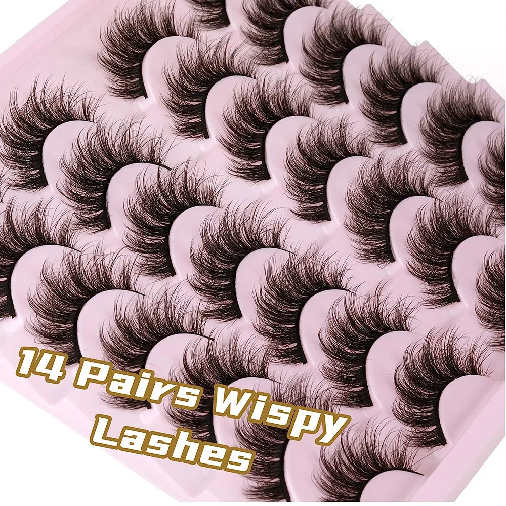 14 Pairs Wispy Mink Lashes Fluffy Eye Lashes Natural Look 5D Volume 16mm Fake Eyelashes Pack