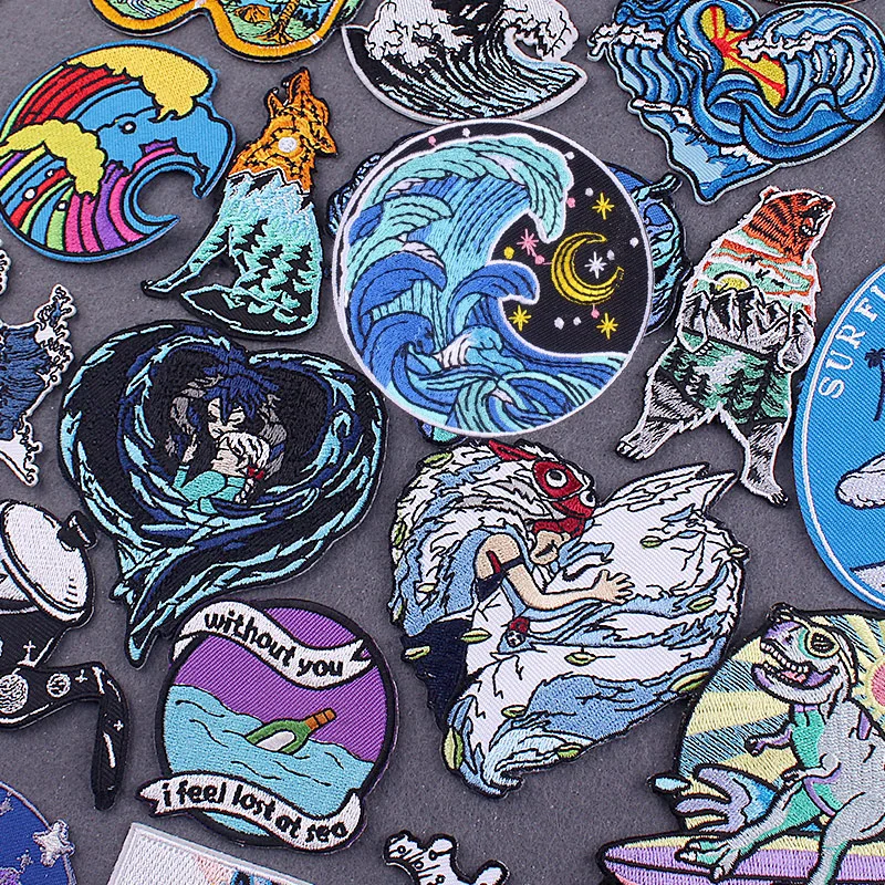 Sea Wave Iron on Embroidered Patches For Clothing Thermo Adhesive Patches On Clothes Stripes DIY Surf Badges On Backpack Decor