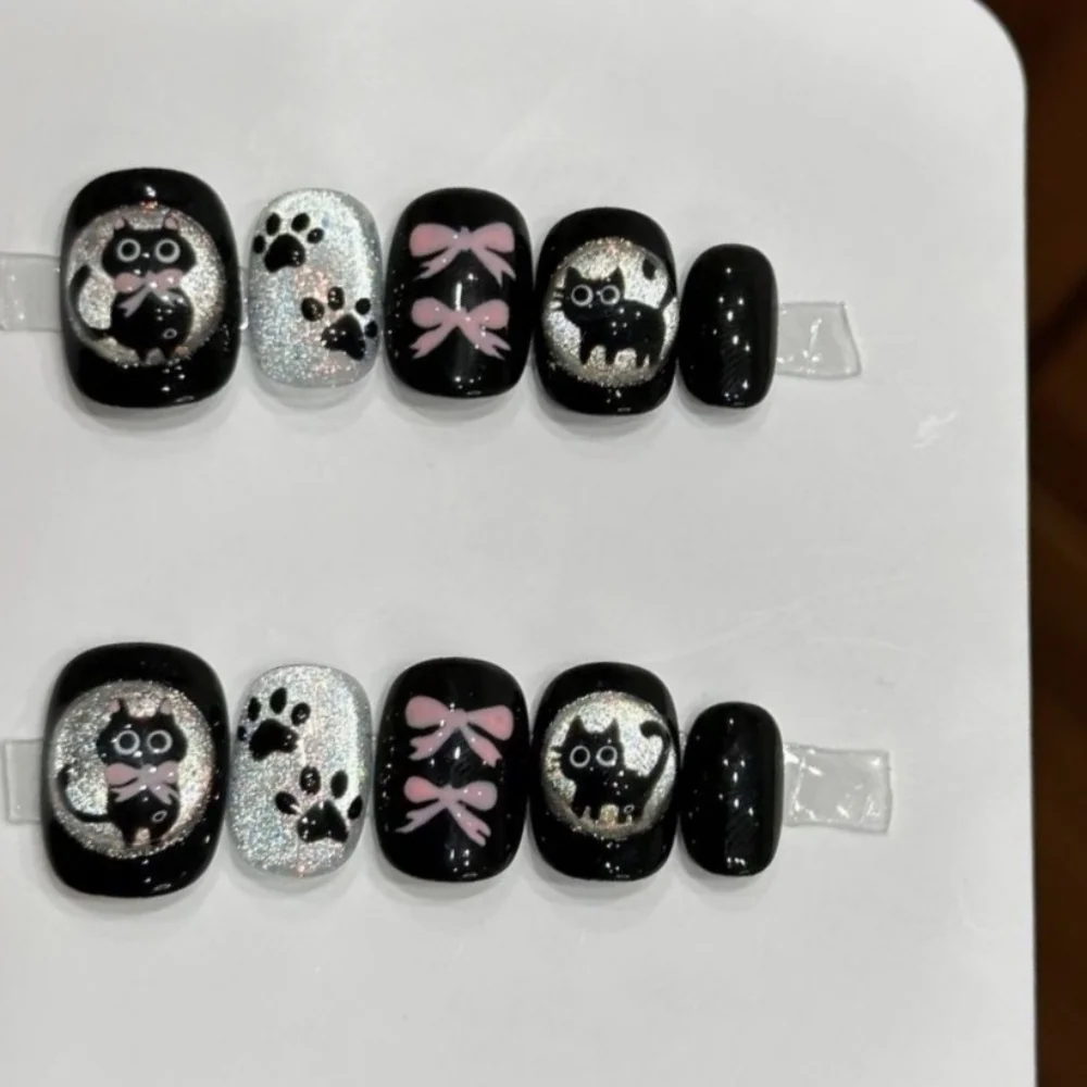 10Pcs Sweet Cool Design Cute Fake Nails Tip Handmade Black Cat's Paw Pattern Press on Nails Full Cover Glass Wearable False Nail