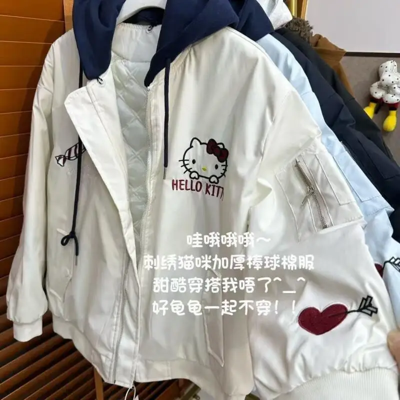 

American Retro Hello Kittys Baseball Uniform Kawaii Women Sanrioed Thicken Hooded Jackets Autumn Winter Warm Tops Cotton Coat