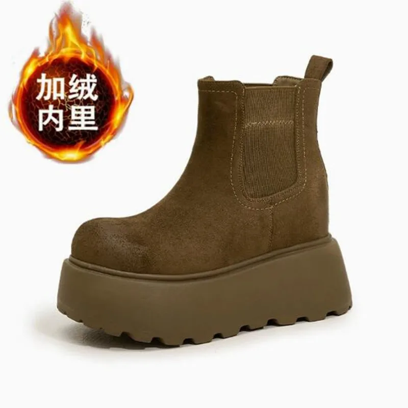 

Женские зимние ботинки челси из натуральной замши и кожи, 10 см, на платформе, с плюшевой подкладкой, для женщин