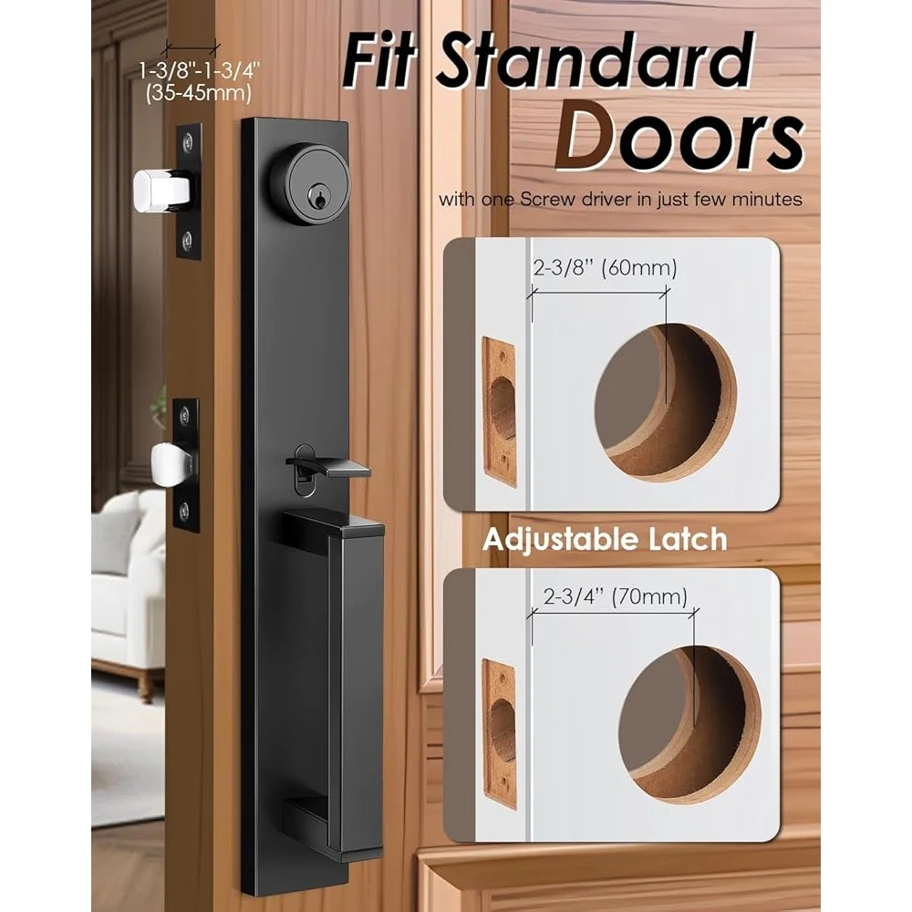 Exterior Door Handle Deadbolt Lock Set Matte Black Heavy Duty Zinc Alloy Full Escutcheon Push Button Latch Easy Installation