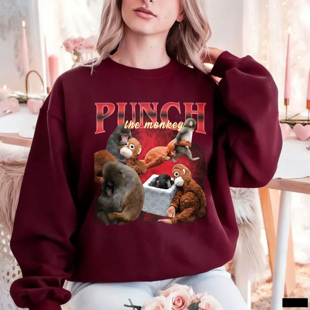 Edgy Retro Punch The Monkey Collage Pullover Sweatshirt Trendy Vintage Casual Everyday Aesthetic Crewneck Matching Hoodies - view 3