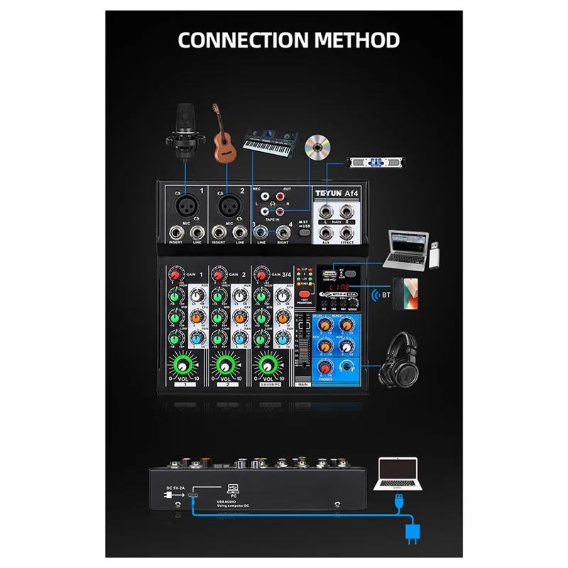 

AP-TEYUN AF4 Mixing Console Analog Consoles Combined With Digital Sound Cards Bluetooth Usb Playback 4 Channel Audio Input