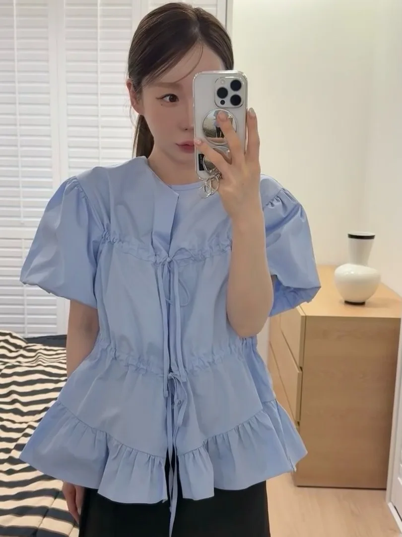

Sweet Gentle Dstring Bubble Sve irt Women's Summer New Design Unique Open Cardigan Top ort Sve Other Material 00%