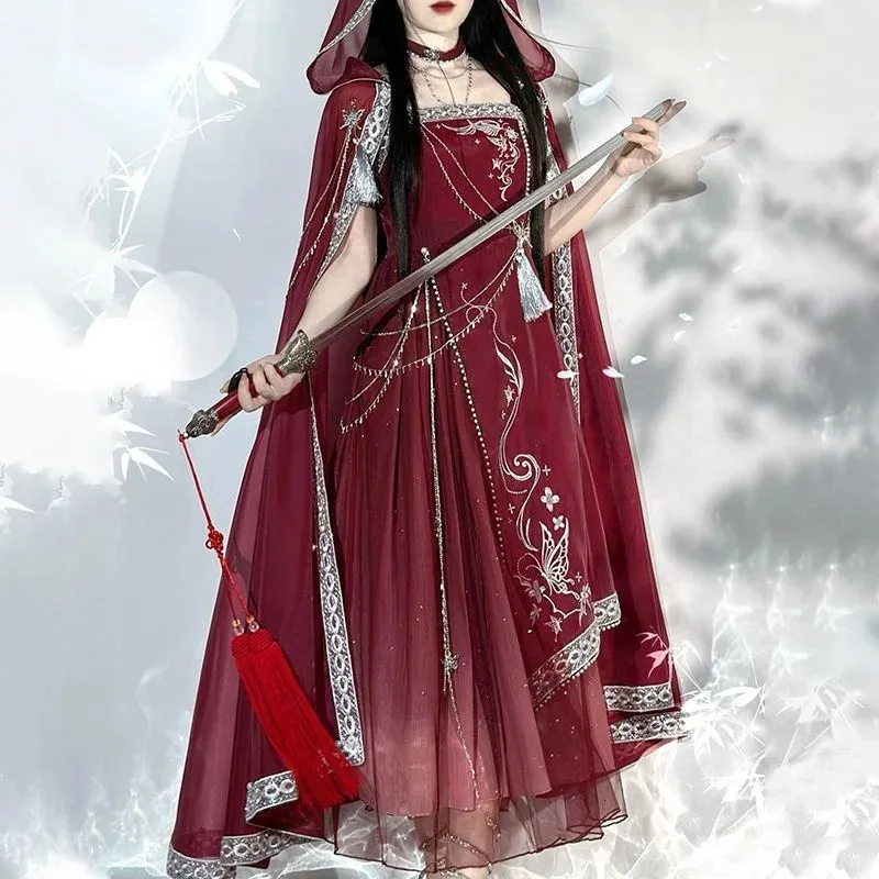 Starry River Dreams-vestido rojo Miao Han Element con tirantes, faldas de estilo chino, vestidos góticos para mujer, capa roja y azul