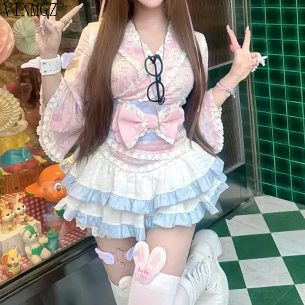 

Japanese super fairy cute girl puffy style popular skirt floral ins bow waist seal maid forest series Slight Strech