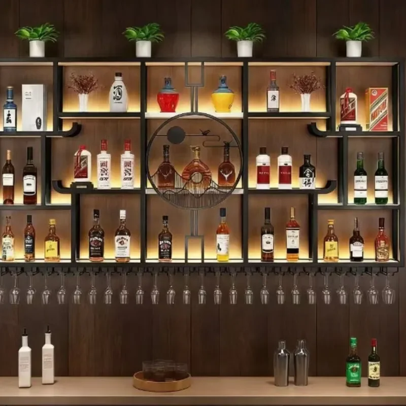 Industrial Wrought Iron Wall Mounted Wine Rack Bar Shelf Red Wine Display Cabinet Luminous Home Decor Storage Organizer