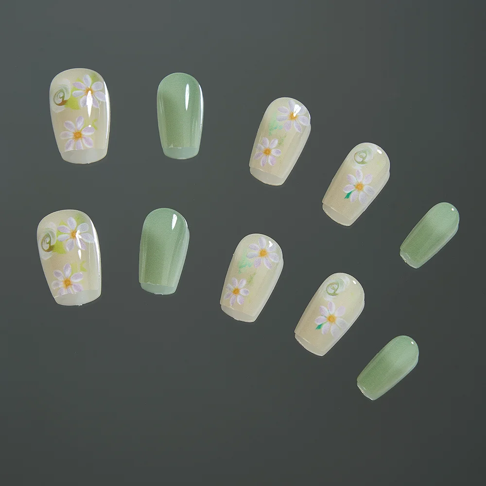 10Pcs Green Flower Printing Acrylic Nail Spring Nails Short Press on Fake Nails with Glue Stick onNail Art Tips for Women&Girls