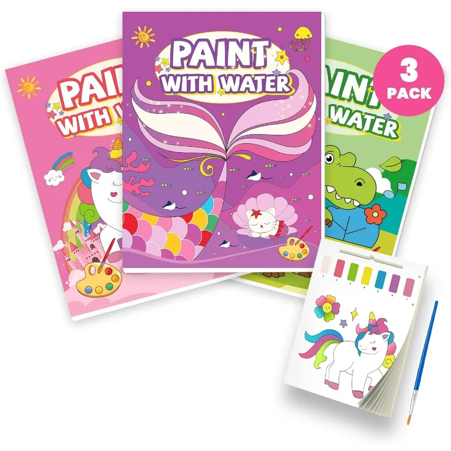 3PCS Paint With Water Books for 20 Pages Each Featuring Unicorn Mermaid Dinosaur Themes MessFree Interactive Coloring and Paint