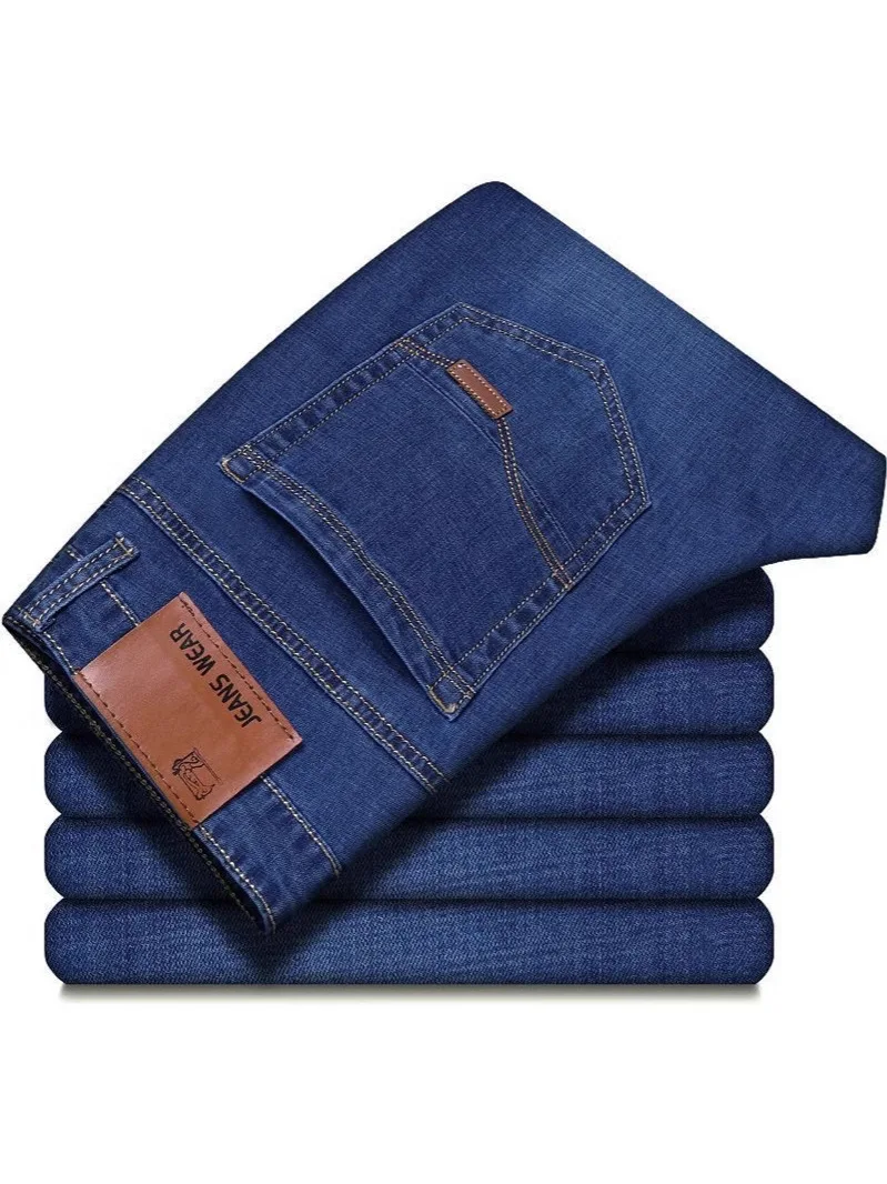 جينز صيفي رقيق غير رسمي فضفاض للرجال ذو ساق مستقيمة مقاس كبير سروال عمل مريح من القطن الدنيم للرجال موضة الشباب #5