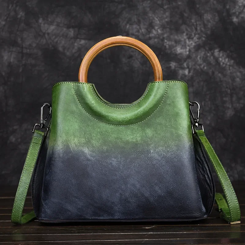 Women Vegetable Tanned Leather Crossbody Bag Hand Polished Retro Contrast Color Fashion Shoulder Purse European Style