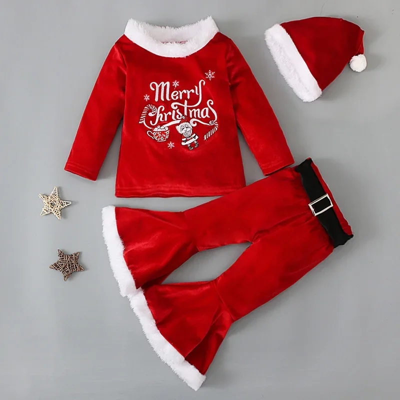 Roupa de Papai Noel para meninos e meninas, trajes de Natal, terno, chapéus, terno, presentes de aniversário, decorações de Natal, ano novo, 3pcs, 2024