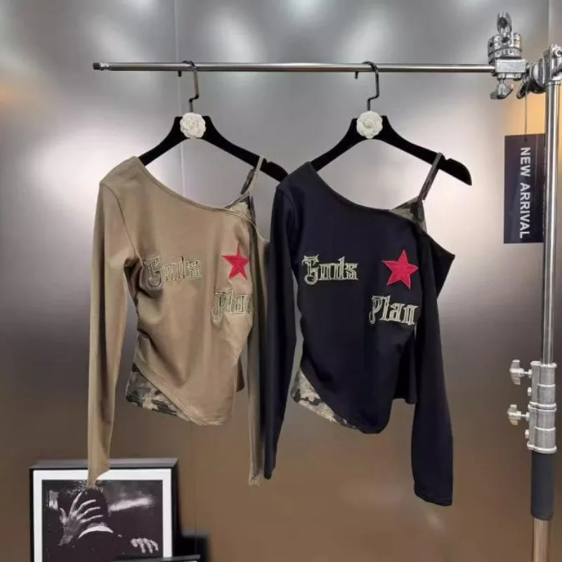 Autumn Slope Neck Off-shoulder Long-sleeved High Street Trendy Top with Lettered Five-pointed Star Design