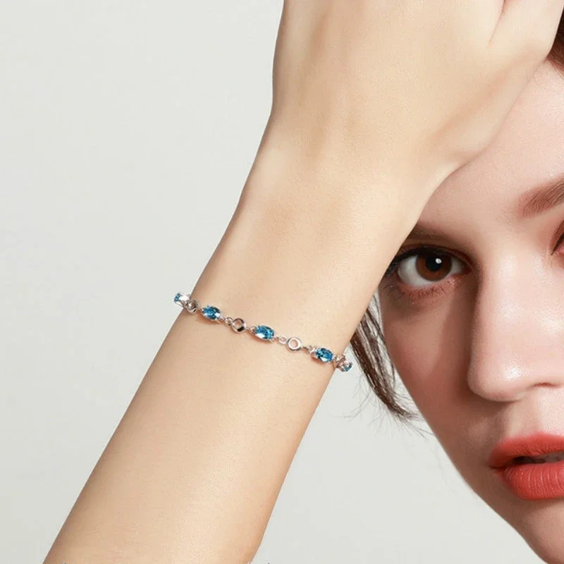 Blue Topaz Bracelets Female Real Silver Deep Blue Sapphire Color Gemstone Bracelet for Student Girl Birthday Gift