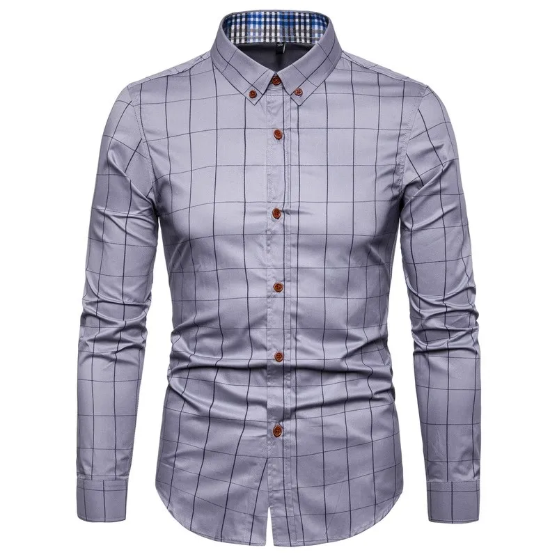 Men Shirt Plaid Print Long Sleeve Autumn Shirt Button Single-breasted Formal Top Mid Length Dress-up Men Business Shirt