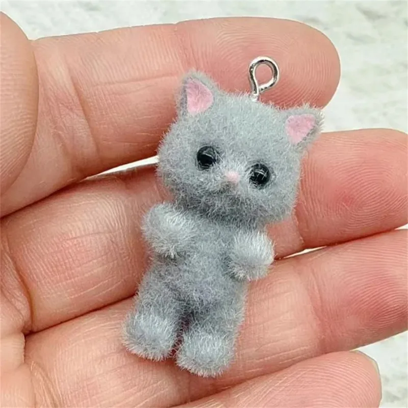 Kawaii 3D Fluffy Flocking Resin Cat Animal Charms Pendant Colorful Keychain Necklace Pendant DIY Crafts Jewelry Making
