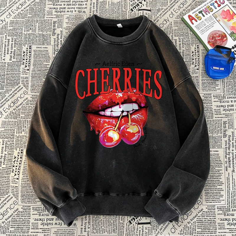 Cherries And Lips Washed Sweatshirt Womens Fresh Fruits Printing Clothes Oversize Crewneck Cotton Hoodies Winter Womans Tops