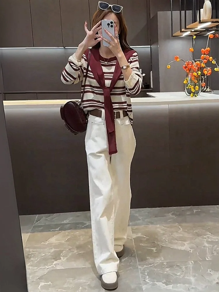 

Slimming Effect Fashionable Autumn Women's Casual Striped Knitwear Shawl Denim Pants Three-Piece Set Elegant European Korean ...