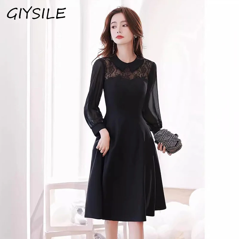 

Fashionable Lace Splicing Tulle Evening Dresses Black A- Line Party Dress Elegant Formal Gown Long Sleeves Vestidos De Fiesta