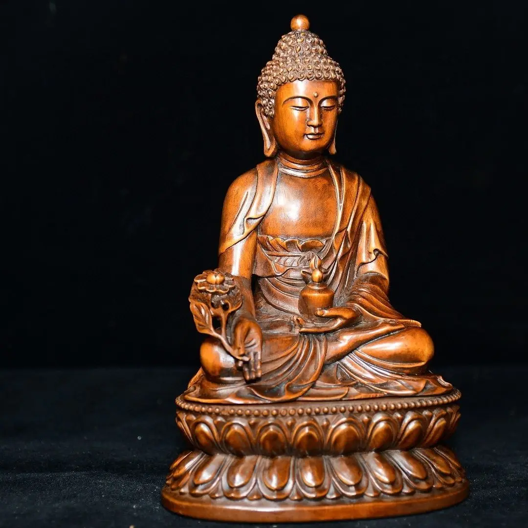 Hand Carved Wood Cross-legged medicine buddha Statue Figurine Desktop Ornaments Home Decoration