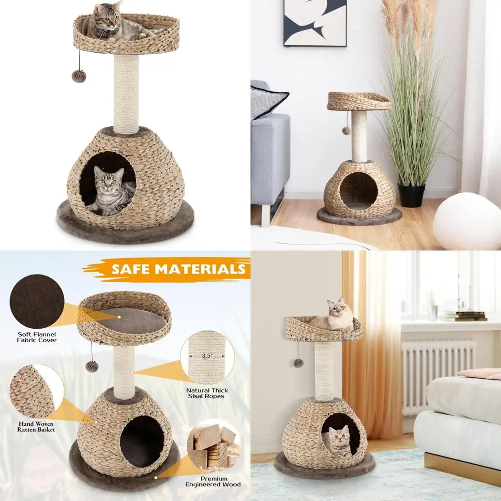 

Modern Small Cat Tower with Natural Sisal Scratching Post, Handcrafted Wicker Cat Condo, Top Perch, and Funny Hangout Spot for C