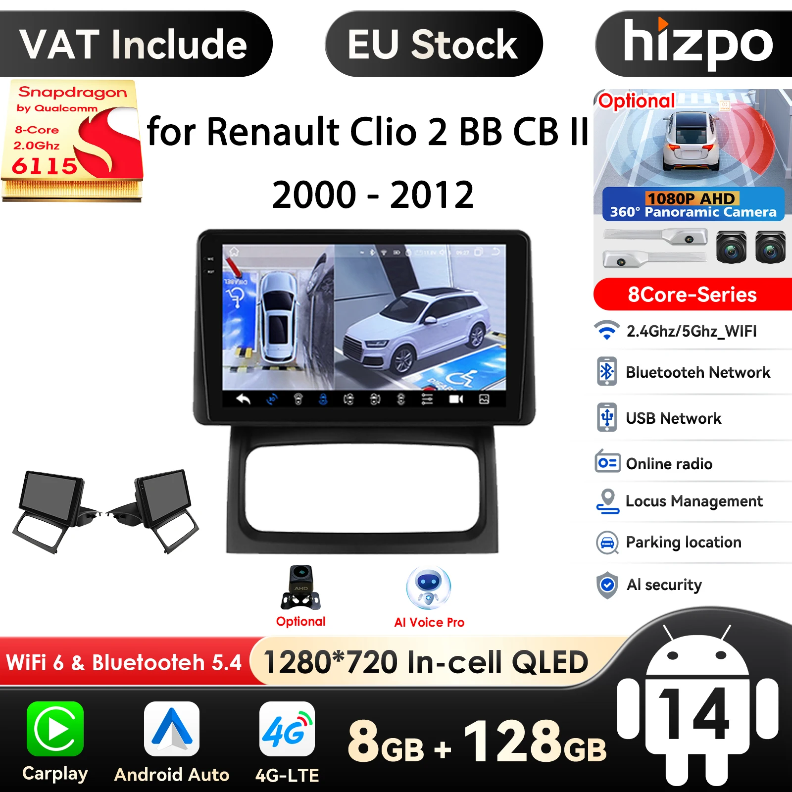 Hizpo Autoradio für Renault Clio 2 bb cb 2001-2012 Stereo-Multimedia-Video-Player drahtlose Carplay GPS-Navigation Android Auto