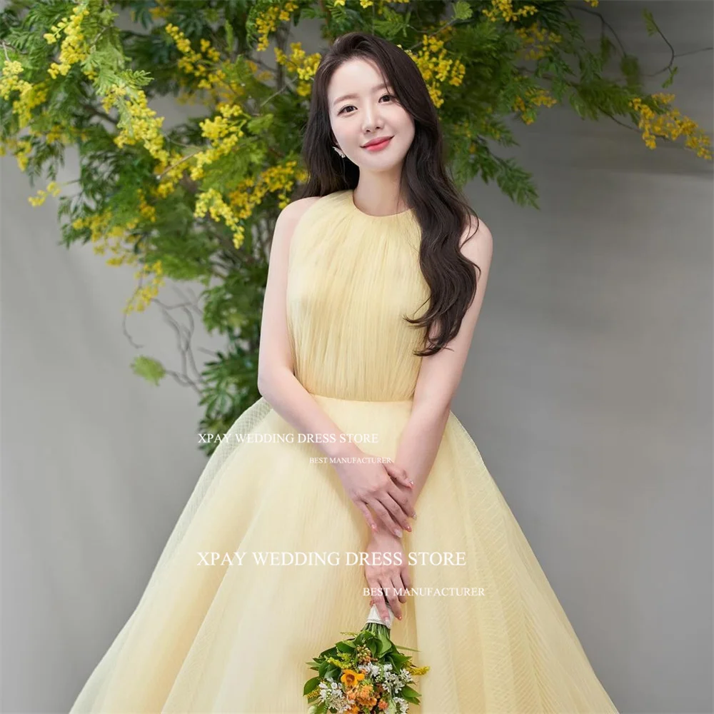 XPAY Fairy Tulle O Neck Yellow Korea Wedding Dresses A Line Sleeveless Backless Bridal Gown Customised Custom Size Bride Dress