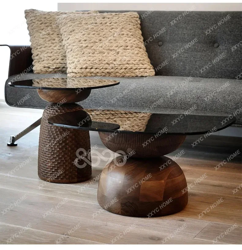 C Wabi Sandy Wind Solid Wood Coffee Table Glass Edge Small Apartment Living Room Solid Wood Carving Coffee Table