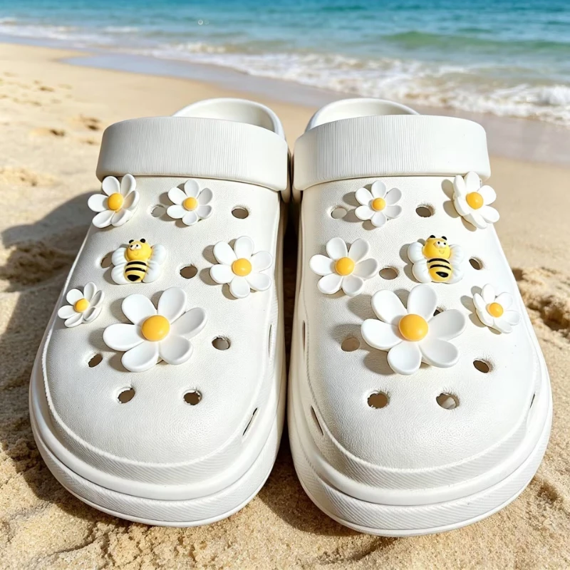 12PCS Hot DIY Hole Shoes Charms for White Daisy Little Bee Combination Designer Quality Garden Shoe Decoration Girl Gift