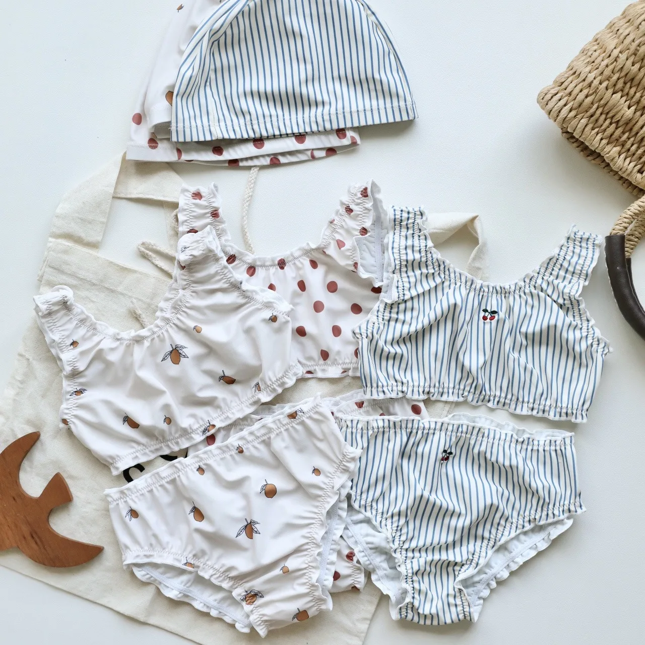 1-9Y Girl  Swimsuit Fashion Girl Printed Two Pieces Swimsuit Striped Toddler Swimming Suit Monokini Beach Outfit Bathing Suit