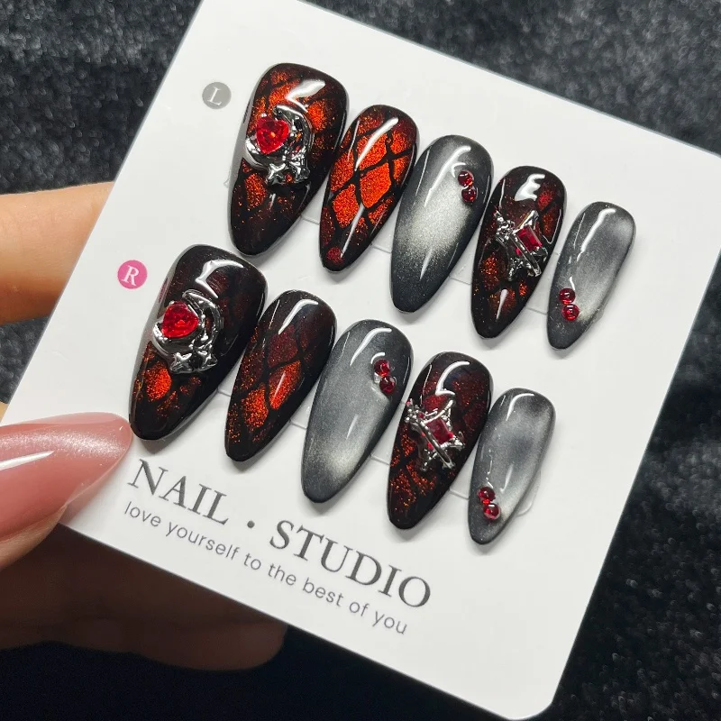 10 Uds. De uñas postizas hechas a mano con forma de ojo de gato rojo oscuro, piedras preciosas góticas negras de lujo, prensa de almendra en uñas, manicura encantadora dulce y fresca