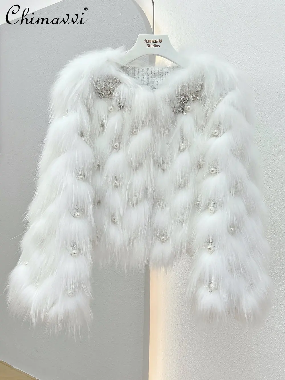 

New Winter Fashion Pearl Woolen Classic Style Stitching Raccoon Fur Coat Women's Elegant Trendy Diamonds Fox Fur Short Jacket