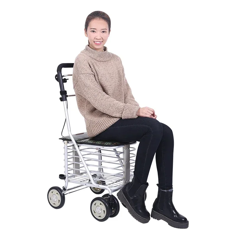 Portable Folding Shopping Walker - Reinforced Aluminum Alloy Trolley with Universal Wheels, Mobility Aid for Elderly