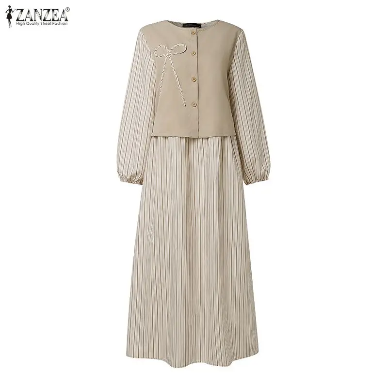 Robe longue maxi à rayures printanières ZANZEA, robe musulmane patchwork, robe abaya, robe de Ramadan, kaftan, robe décontractée à manches longues