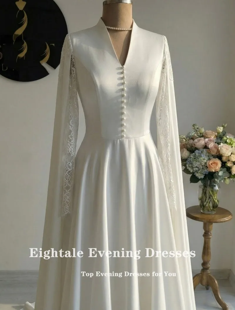 Eightale Arabic Wedding Dress V-Neck Lace Customized Ivory Satin Long Sleeves Cape Sleeves Bridal Gown Bride Party Dress image 4