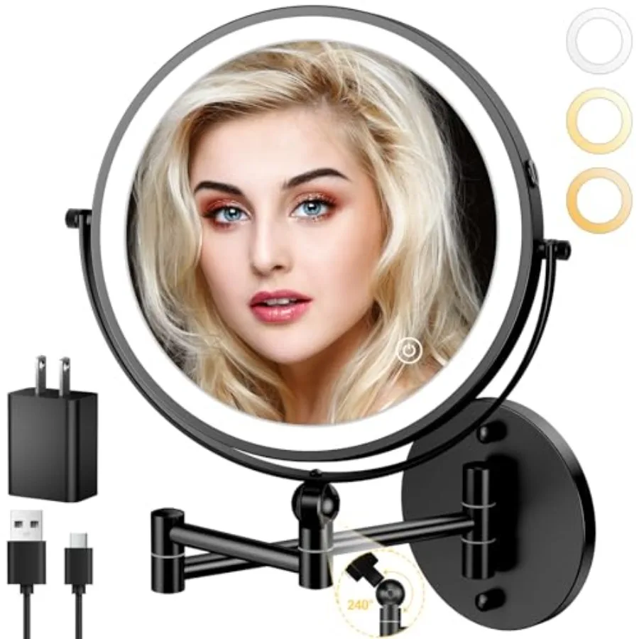 

9" Wall Mounted Lighted Makeup Mirror4000mAh Rechargeable Double Sided 1X/10X Magnifying Mirror with Light Touch Dimmable Exten