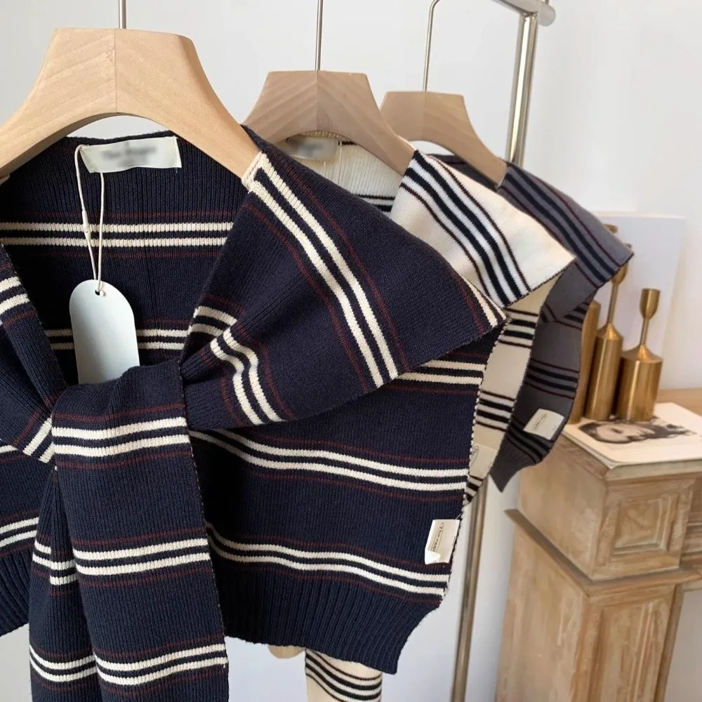 

Fashion Classic Men Knitted Shawl Cloak Wraps Stripe Scarf Knotted Korean Style Fake Collar Wraps Blouse